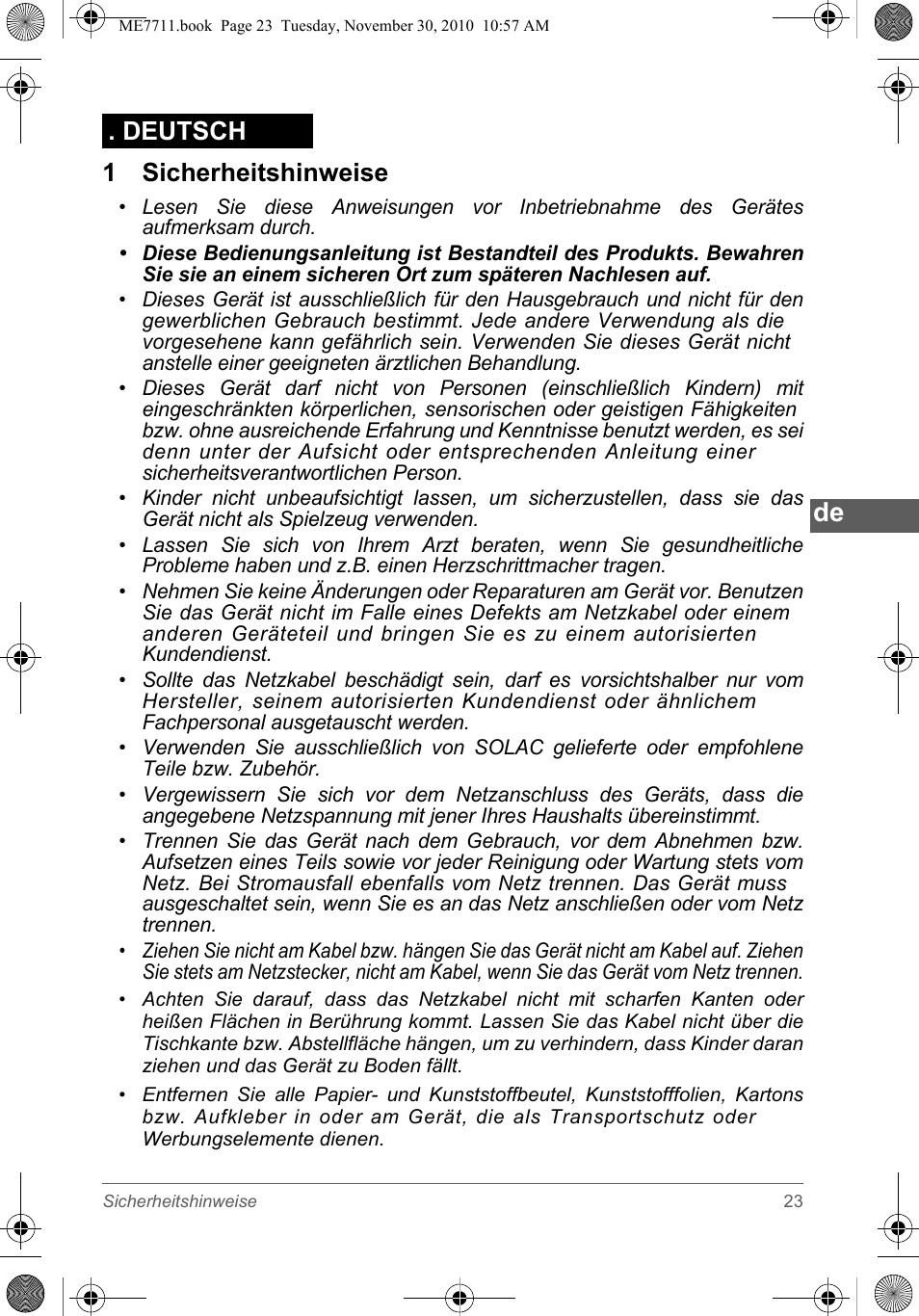 1 sicherheitshinweise, Deutsch | SOLAC ME7711 User Manual | Page 23 / 48