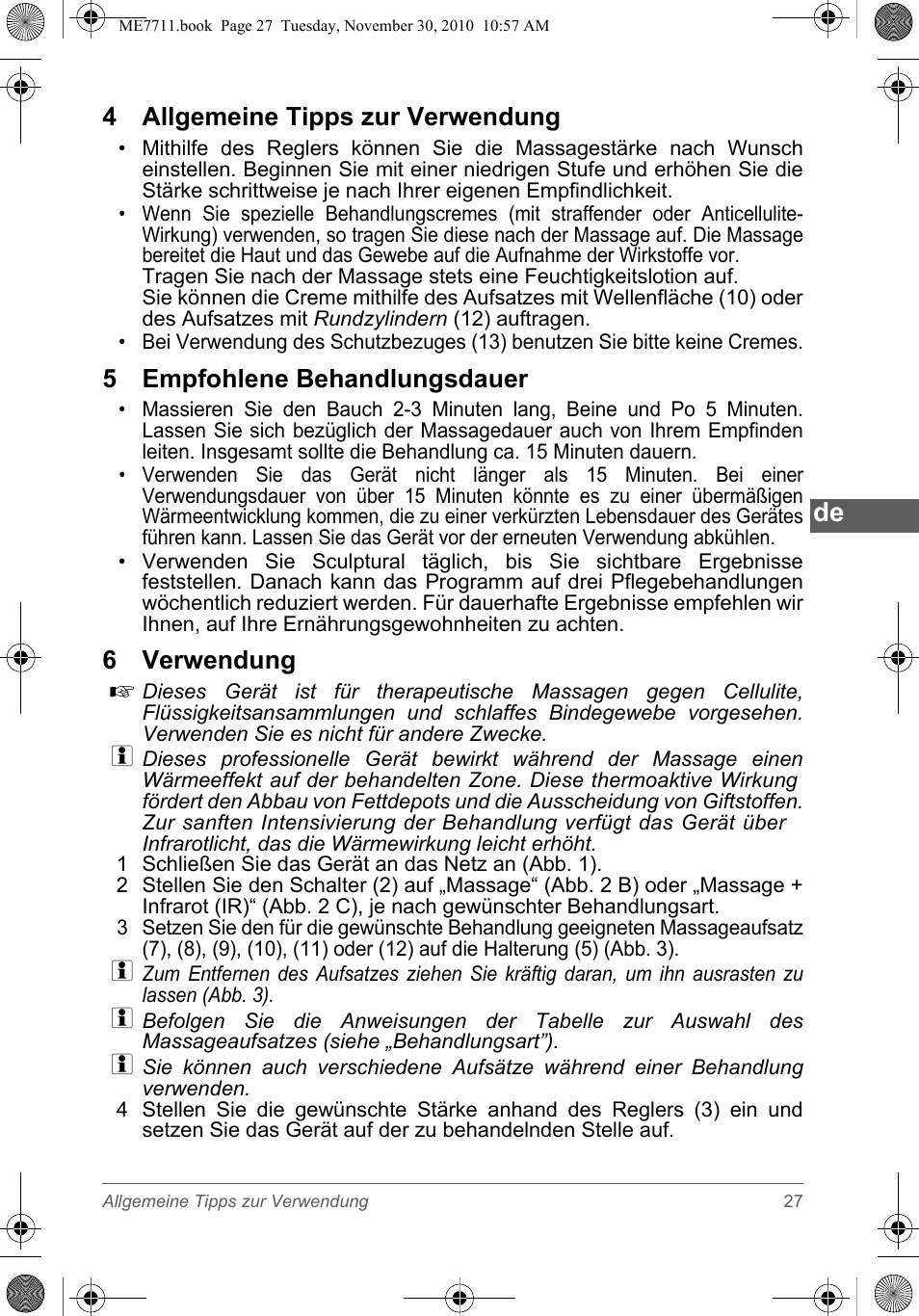 4 allgemeine tipps zur verwendung, 5 empfohlene behandlungsdauer, 6 verwendung | SOLAC ME7711 User Manual | Page 27 / 48