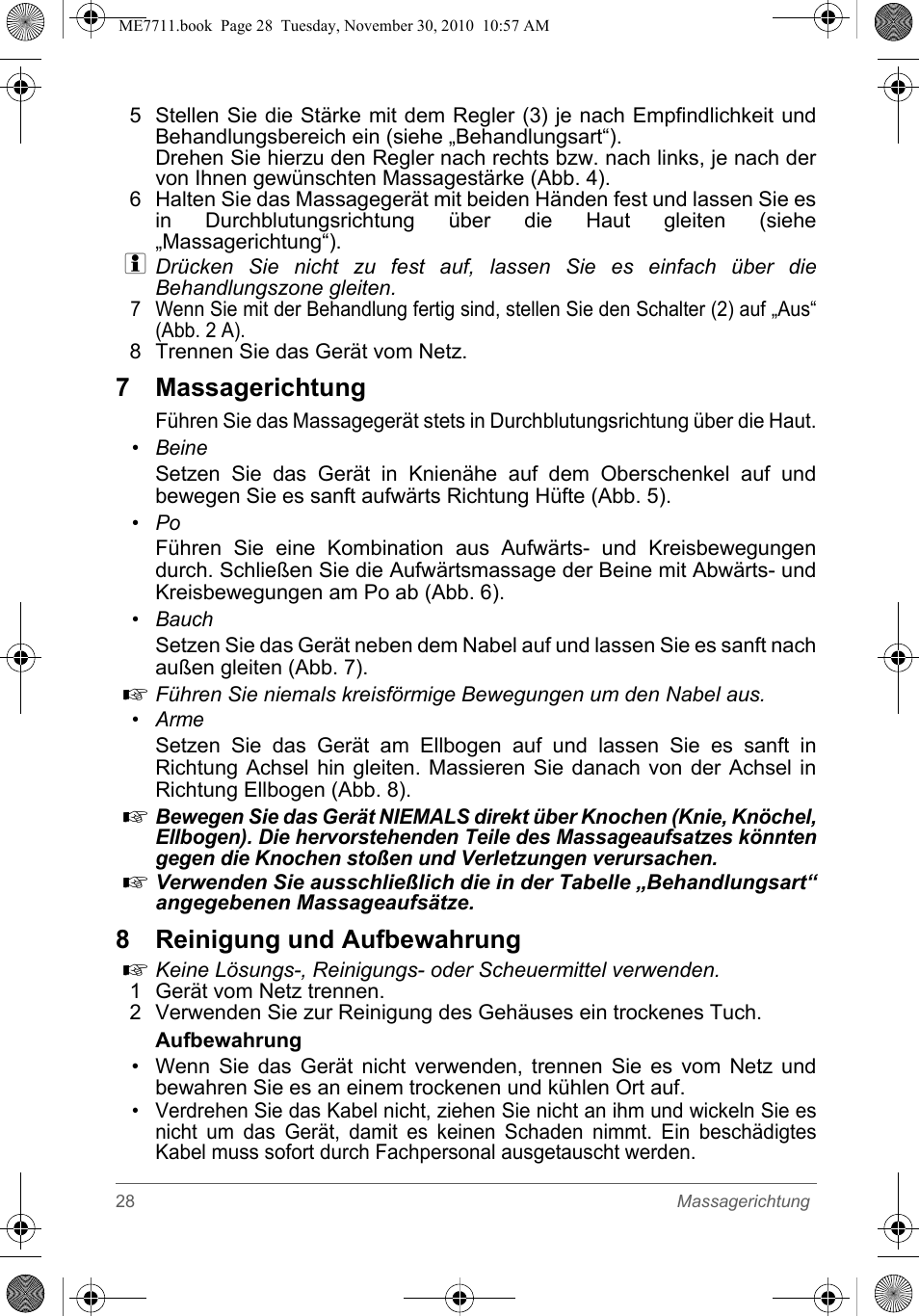 7 massagerichtung, 8 reinigung und aufbewahrung | SOLAC ME7711 User Manual | Page 28 / 48