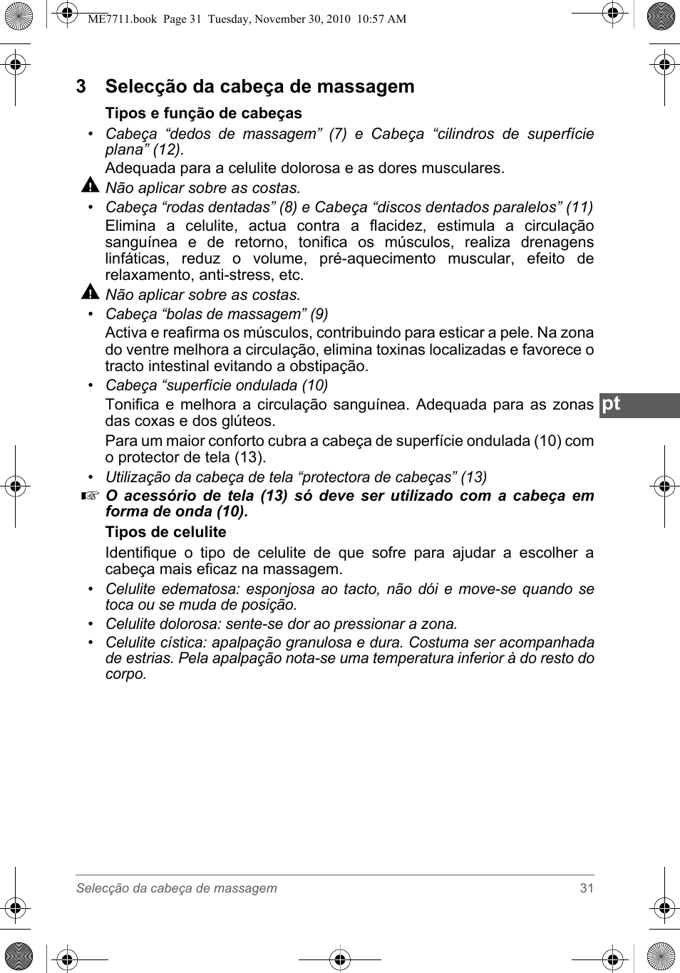 3 selecção da cabeça de massagem | SOLAC ME7711 User Manual | Page 31 / 48