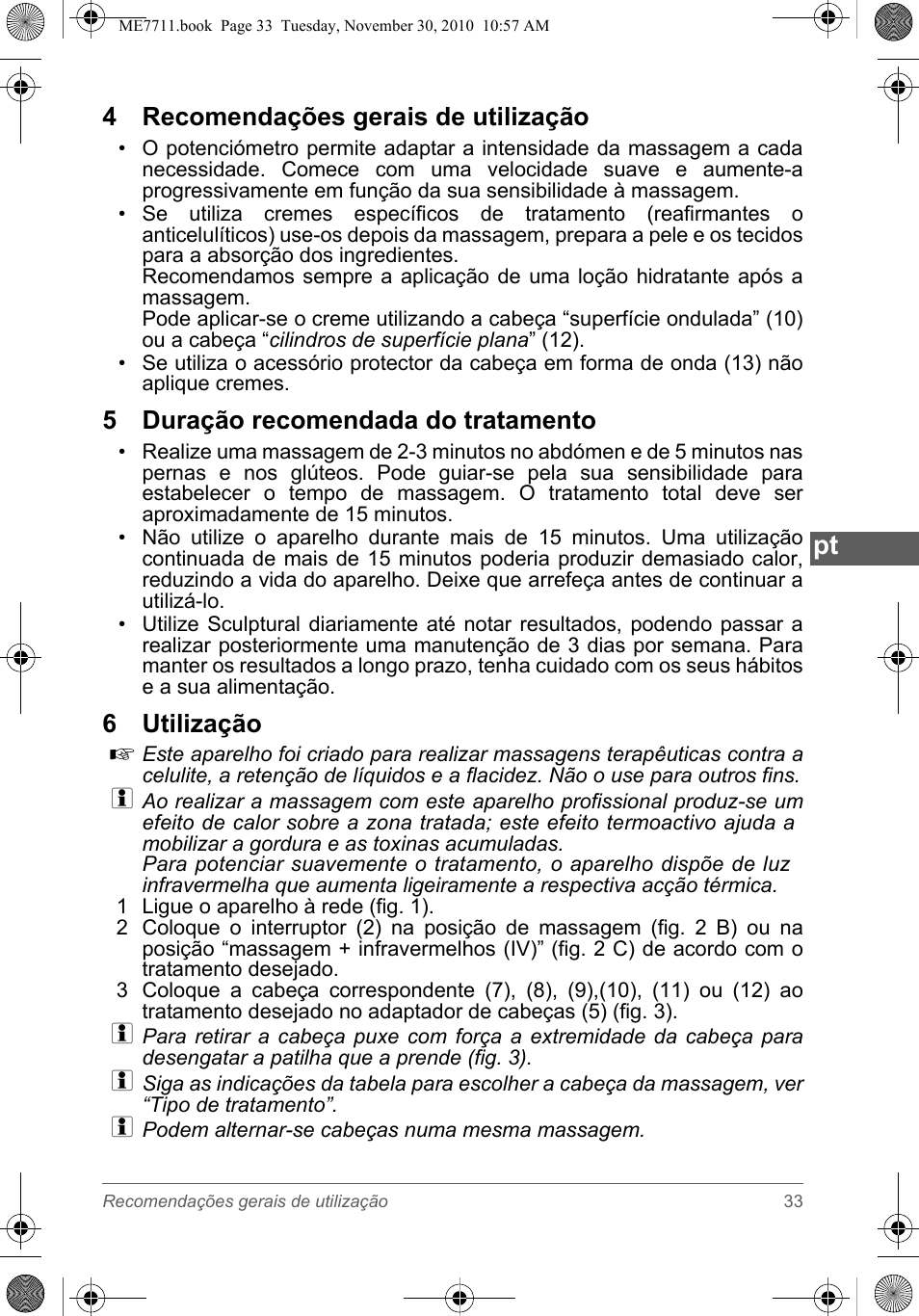 4 recomendações gerais de utilização, 5 duração recomendada do tratamento, 6 utilização | SOLAC ME7711 User Manual | Page 33 / 48