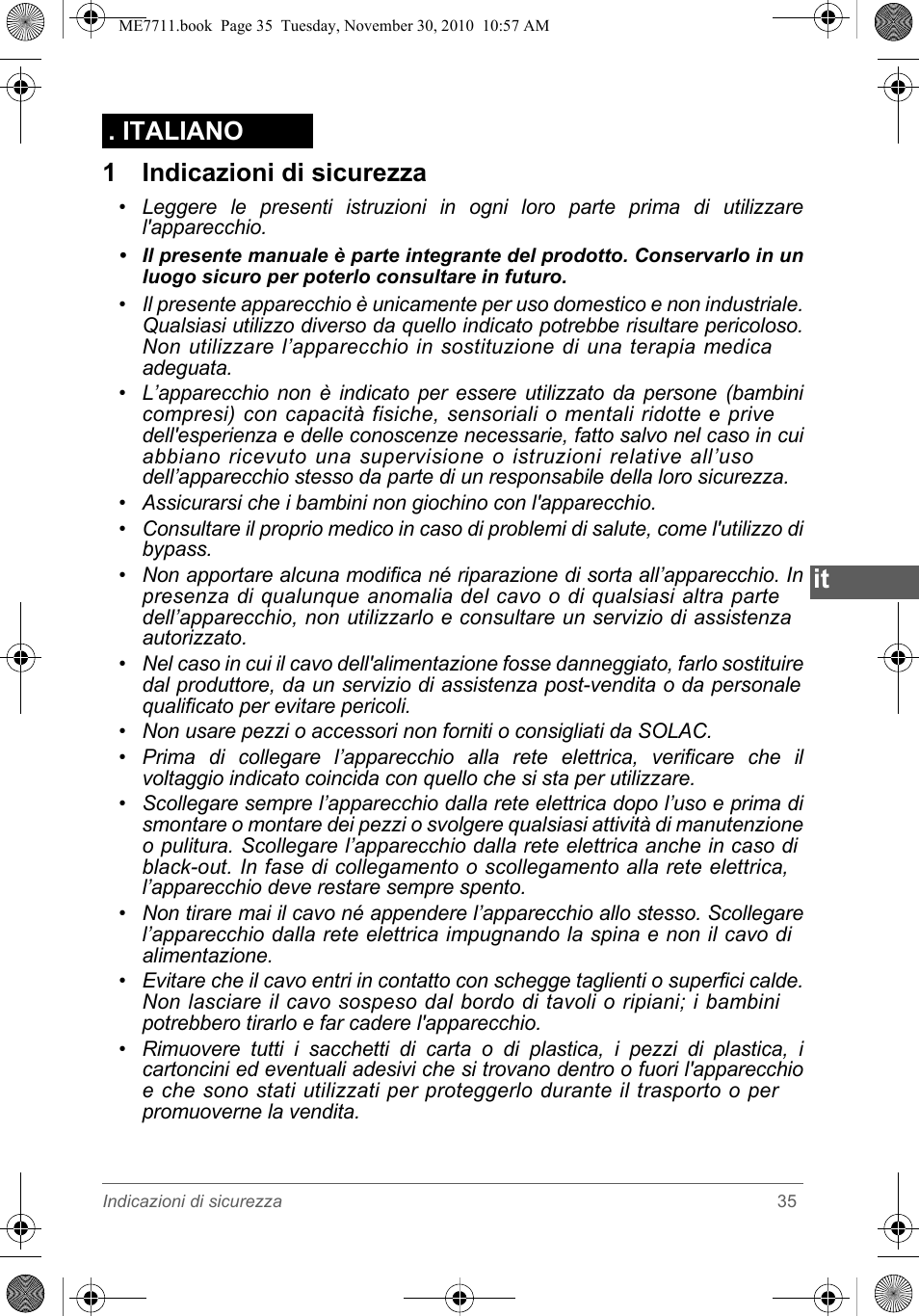 1 indicazioni di sicurezza, Italiano | SOLAC ME7711 User Manual | Page 35 / 48