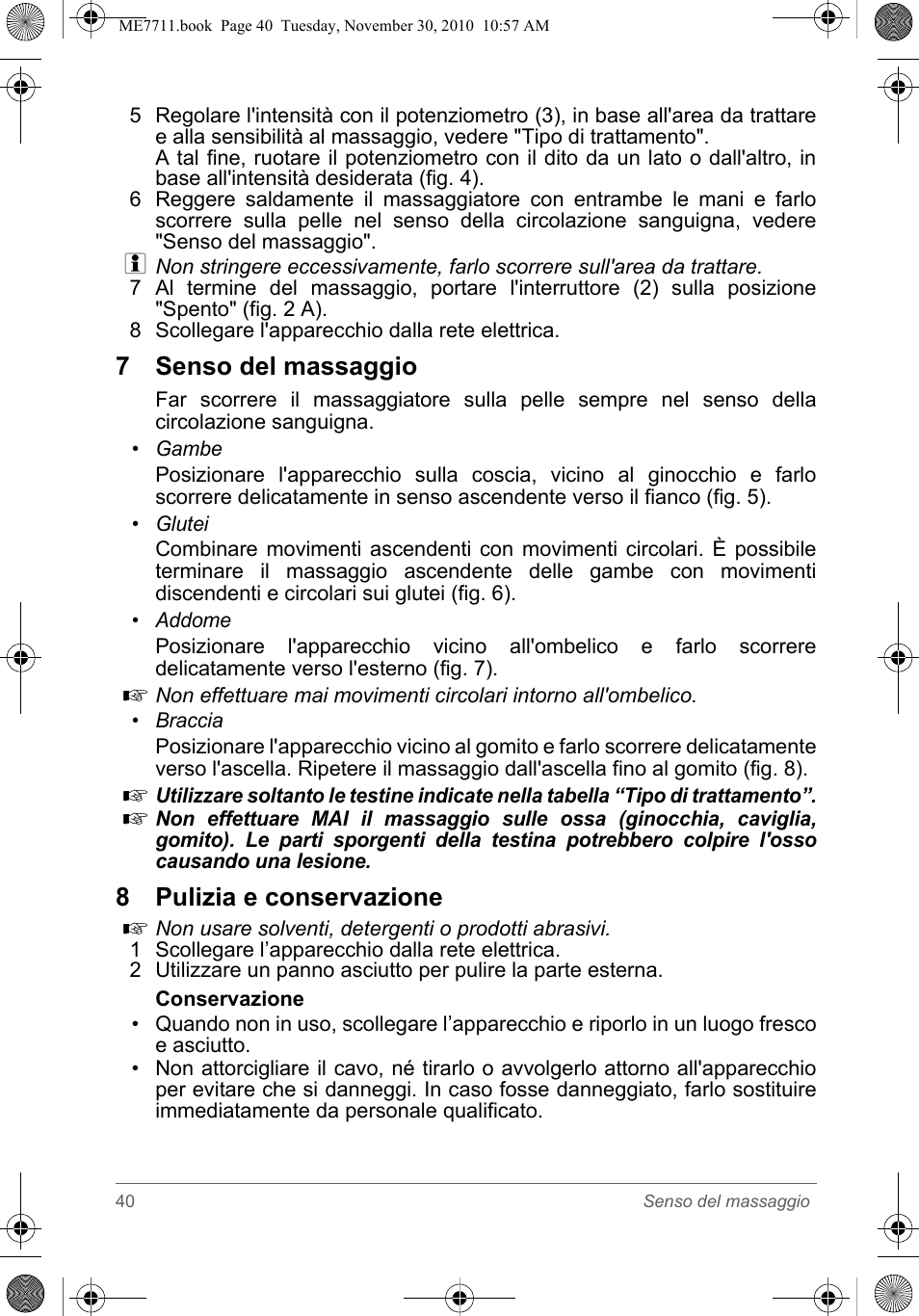 7 senso del massaggio, 8 pulizia e conservazione | SOLAC ME7711 User Manual | Page 40 / 48