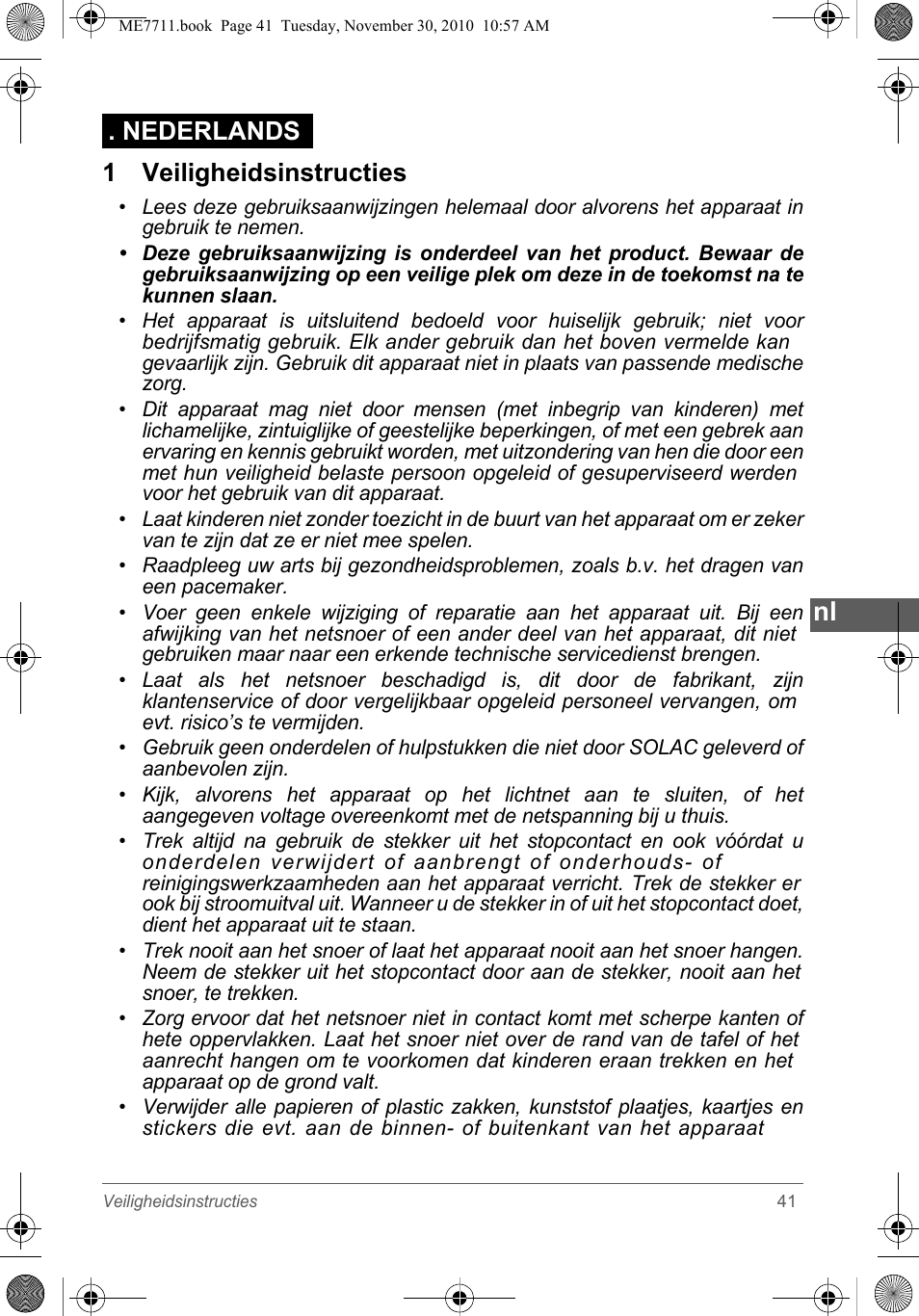 1 veiligheidsinstructies, Nederlands | SOLAC ME7711 User Manual | Page 41 / 48