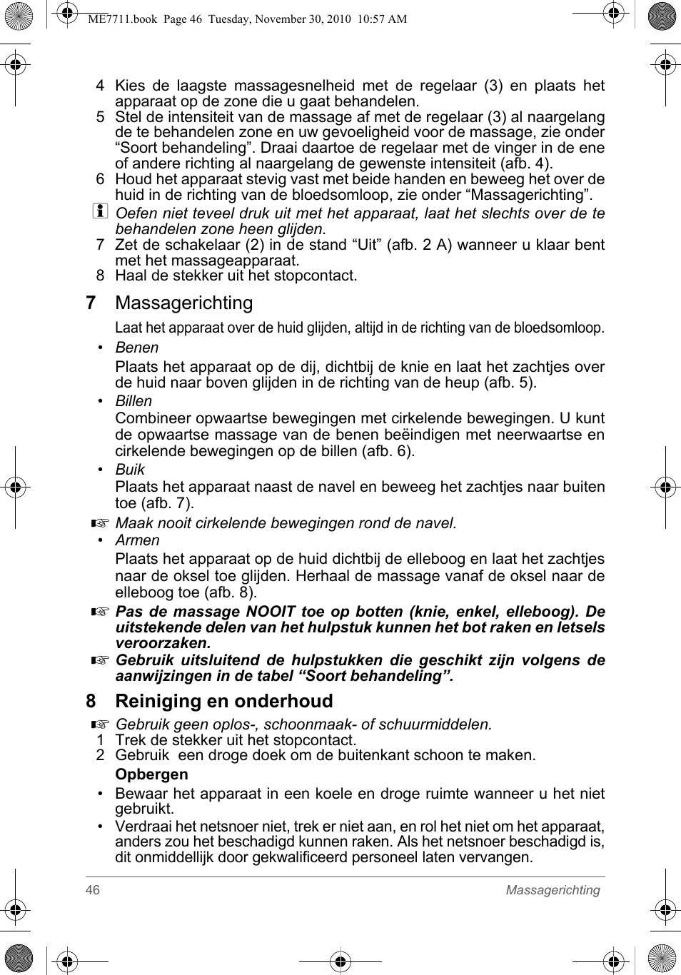 7 massagerichting, 8 reiniging en onderhoud | SOLAC ME7711 User Manual | Page 46 / 48