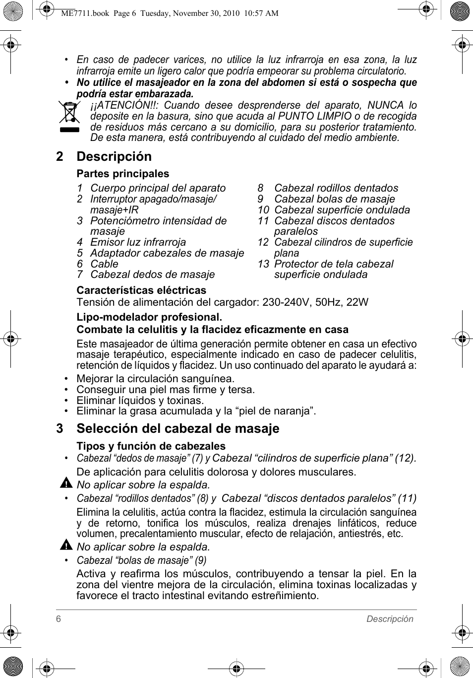 2 descripción, 3 selección del cabezal de masaje | SOLAC ME7711 User Manual | Page 6 / 48