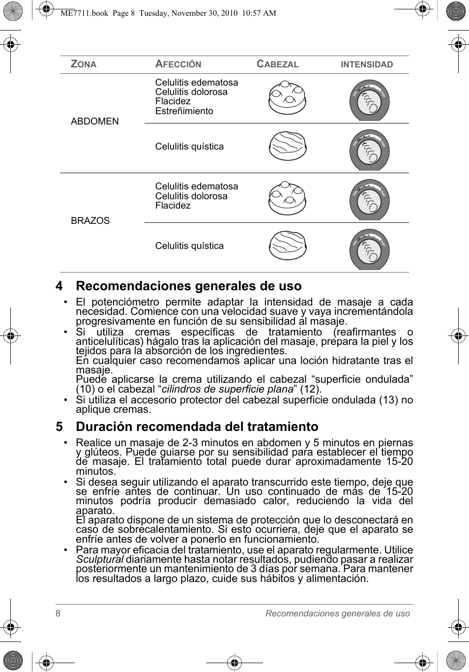 4 recomendaciones generales de uso, 5 duración recomendada del tratamiento | SOLAC ME7711 User Manual | Page 8 / 48