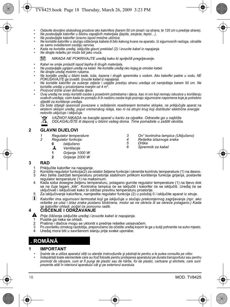 Română | SOLAC TV8425 User Manual | Page 18 / 20