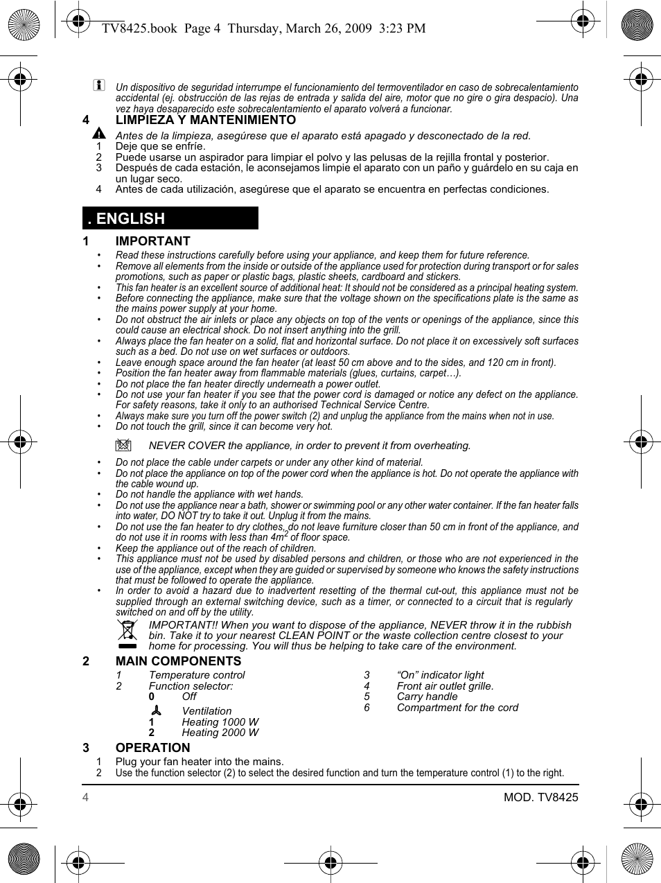 English | SOLAC TV8425 User Manual | Page 4 / 20