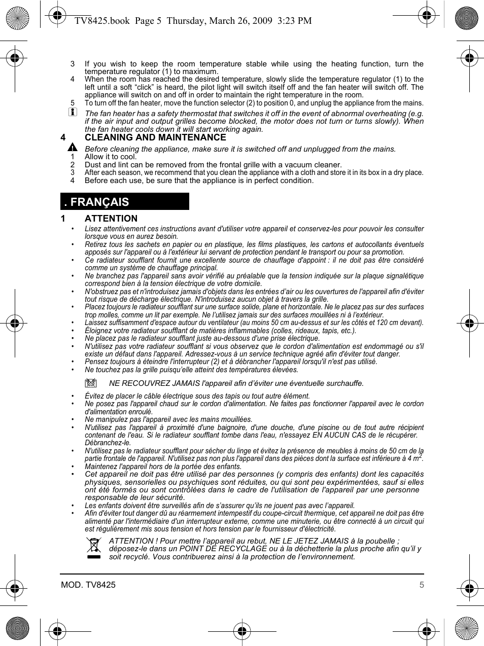 Français | SOLAC TV8425 User Manual | Page 5 / 20