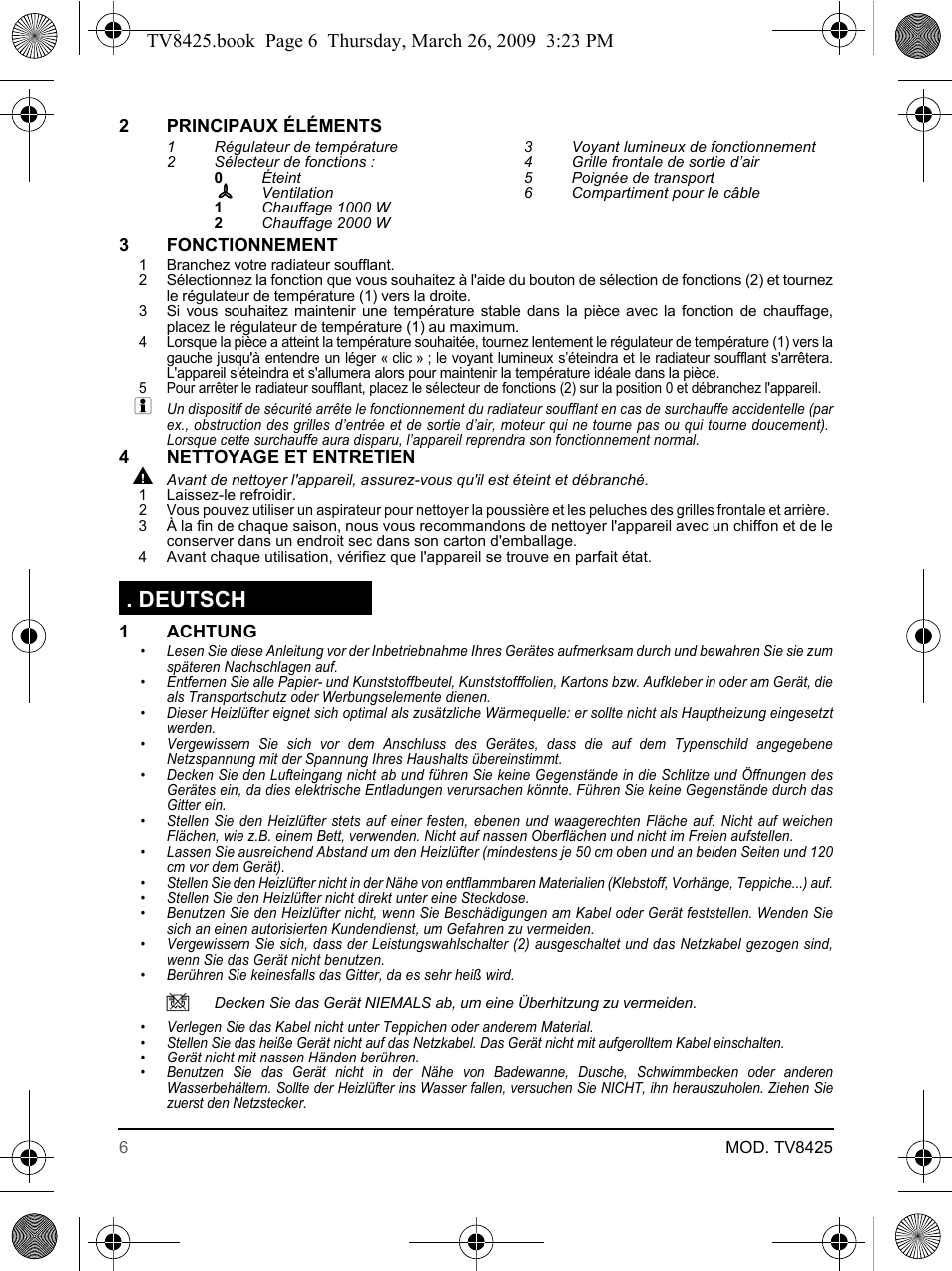 Deutsch | SOLAC TV8425 User Manual | Page 6 / 20