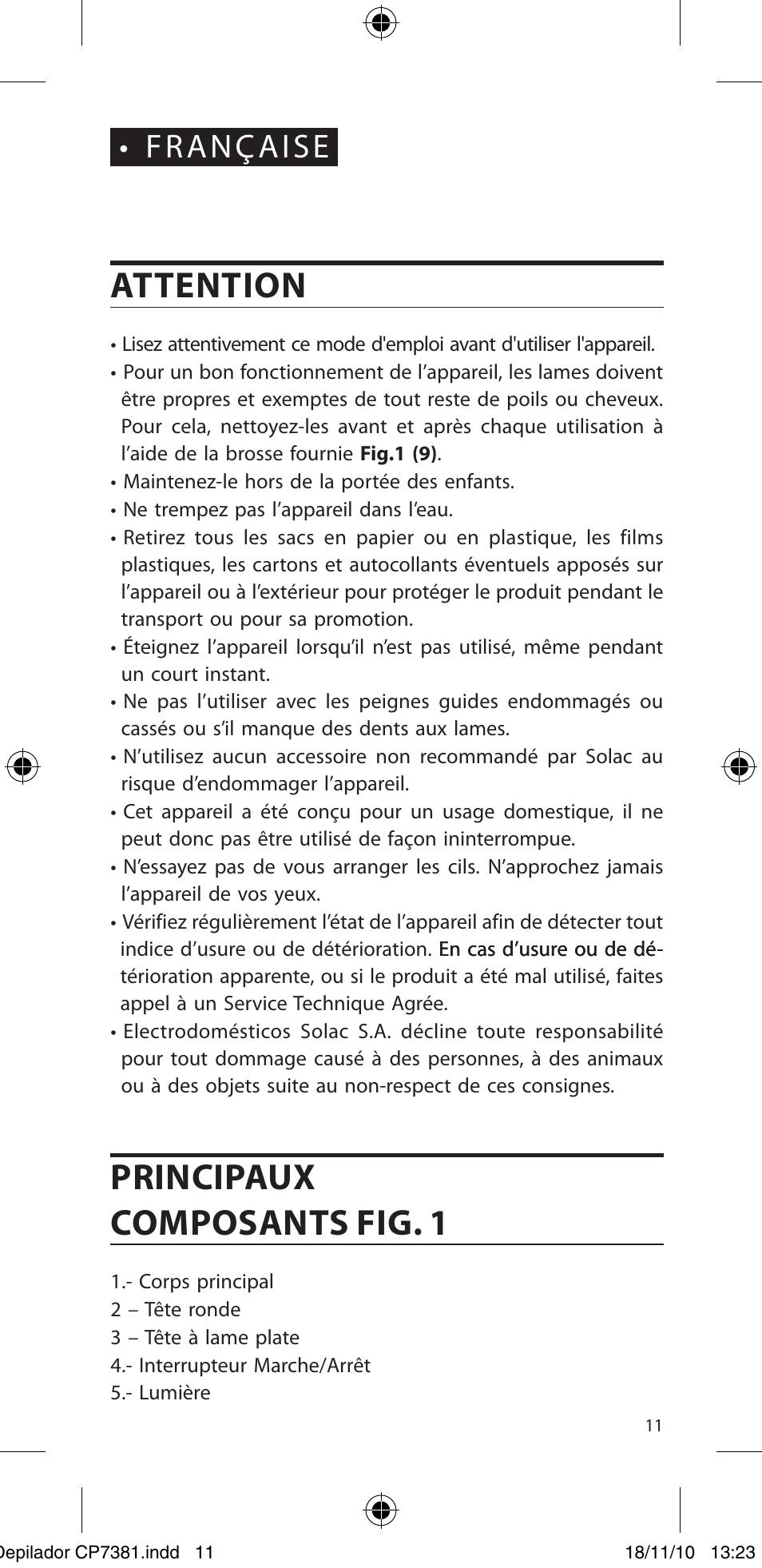 Attention, Principaux composants fig. 1, Française | SOLAC CP7381 User Manual | Page 12 / 48