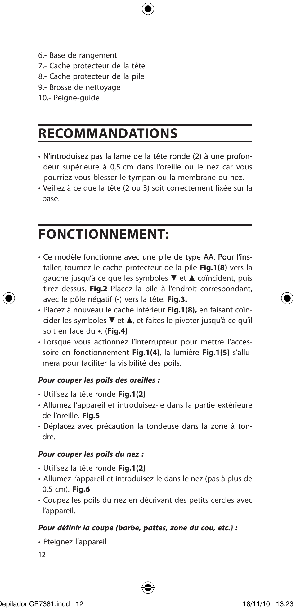 Recommandations, Fonctionnement | SOLAC CP7381 User Manual | Page 13 / 48