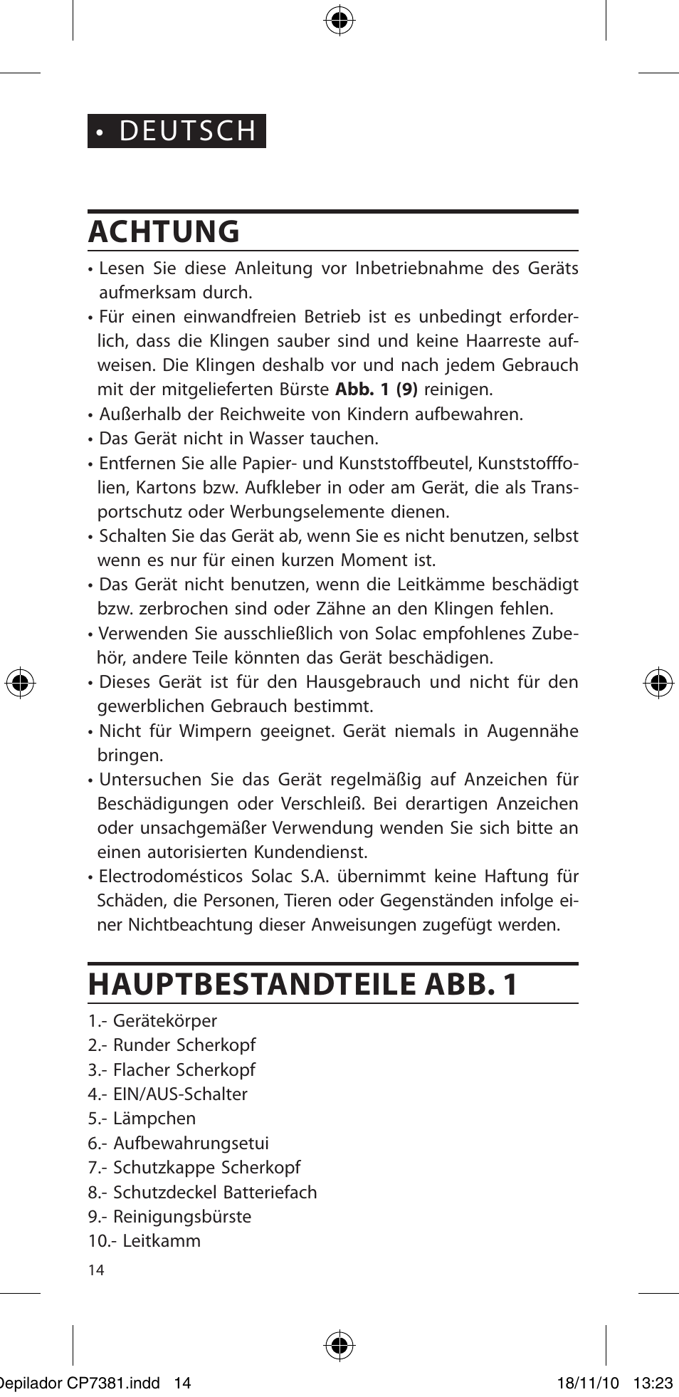 Achtung, Hauptbestandteile abb. 1, Deutsch | SOLAC CP7381 User Manual | Page 15 / 48