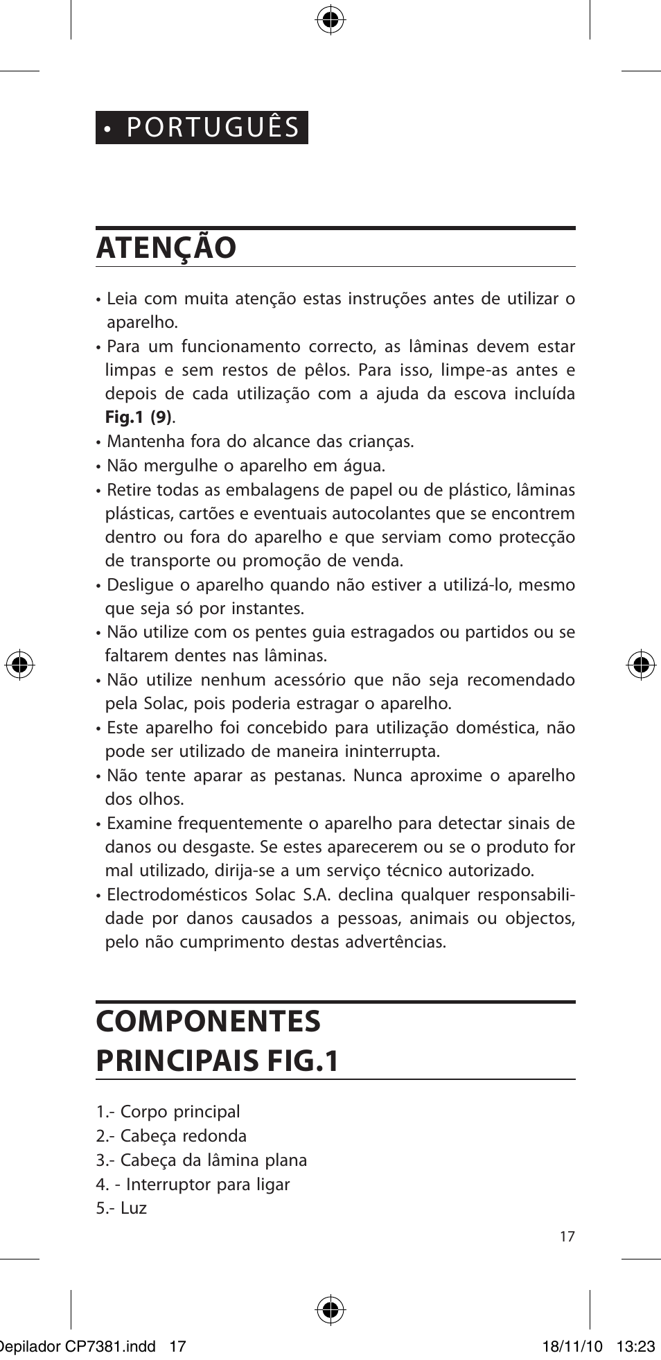 Atenção, Componentes principais fig.1, Português | SOLAC CP7381 User Manual | Page 18 / 48