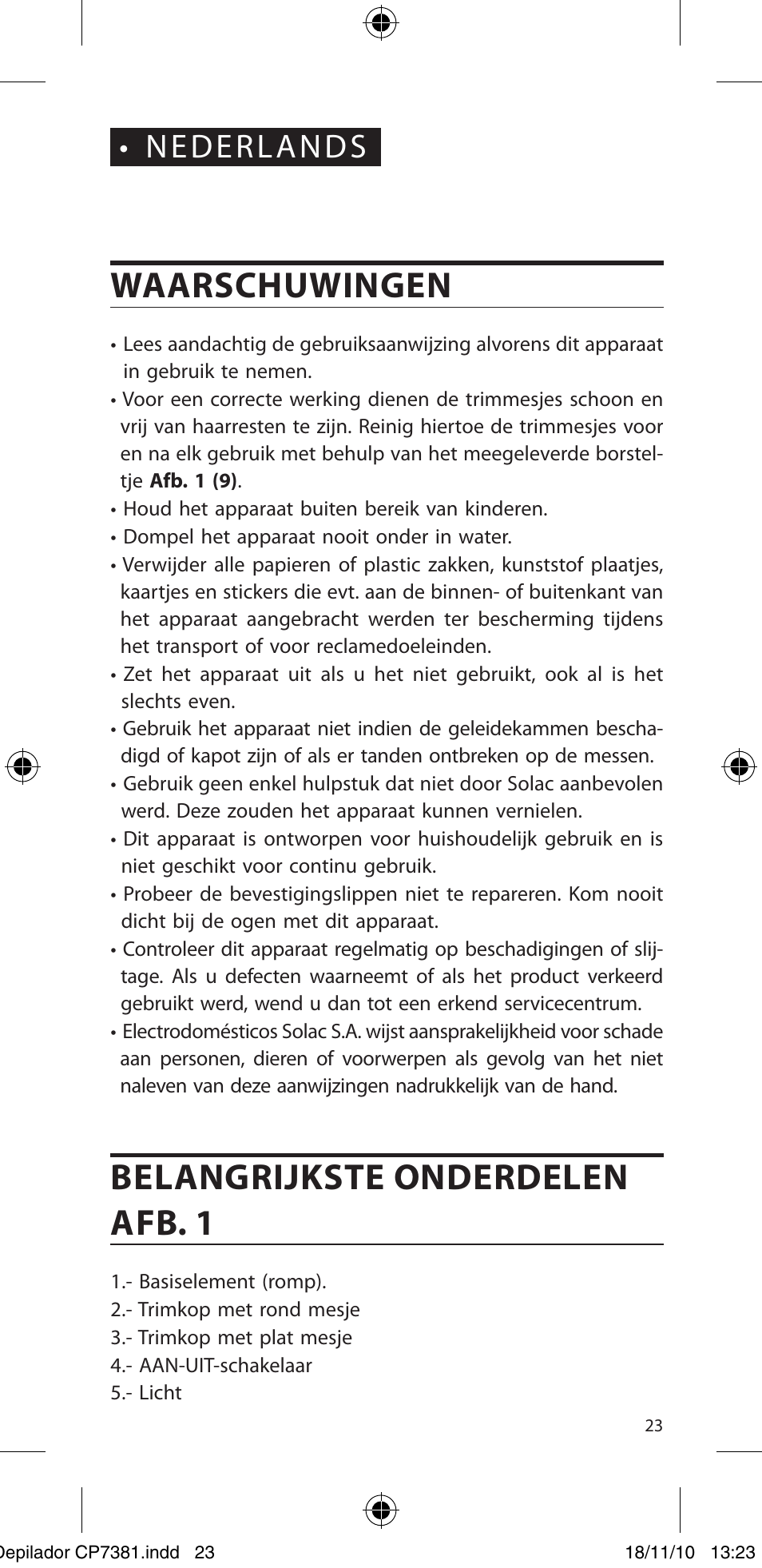 Waarschuwingen, Belangrijkste onderdelen afb. 1, Nederlands | SOLAC CP7381 User Manual | Page 24 / 48
