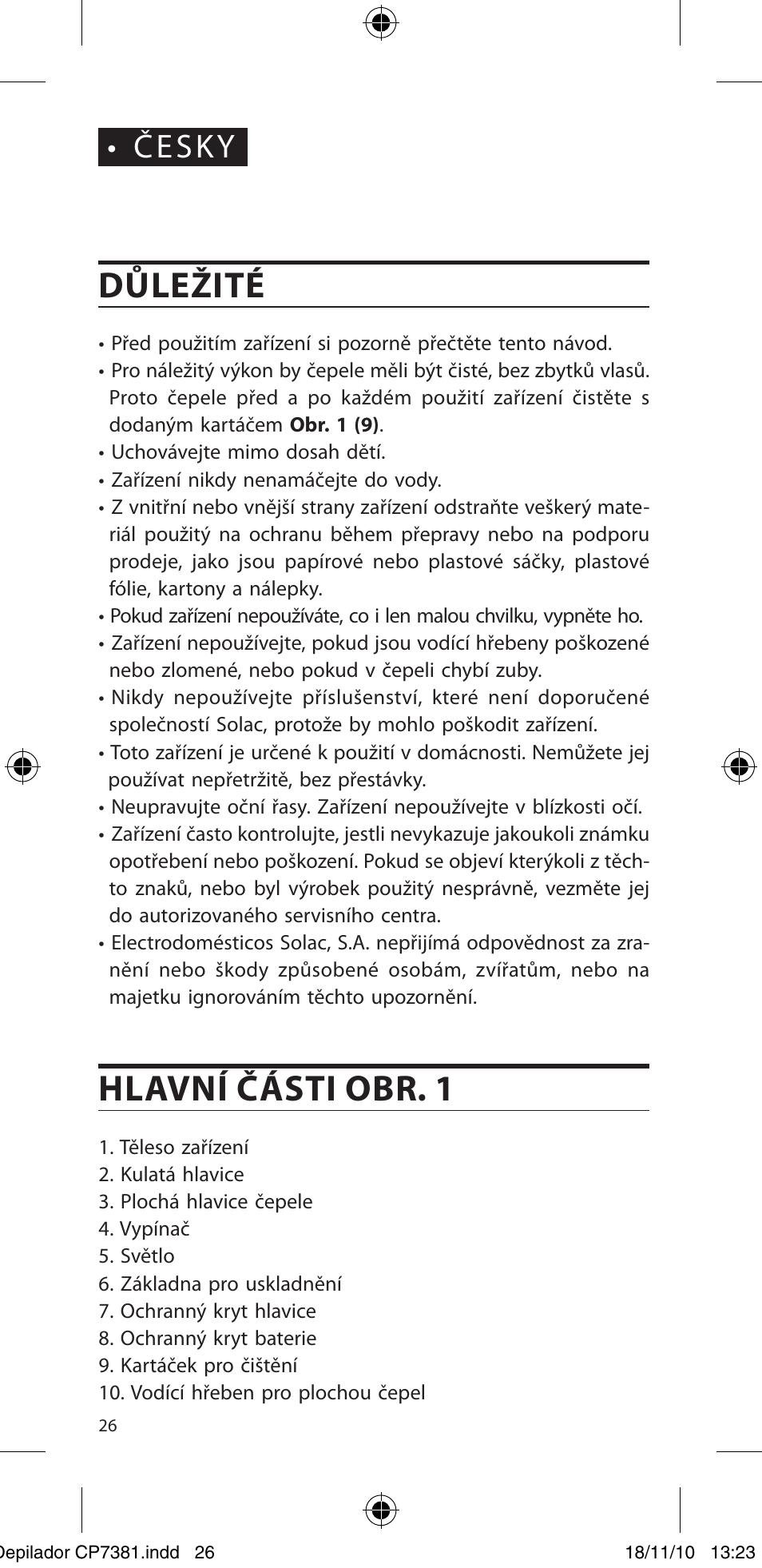 Důležité, Hlavní části obr. 1, Česky | SOLAC CP7381 User Manual | Page 27 / 48