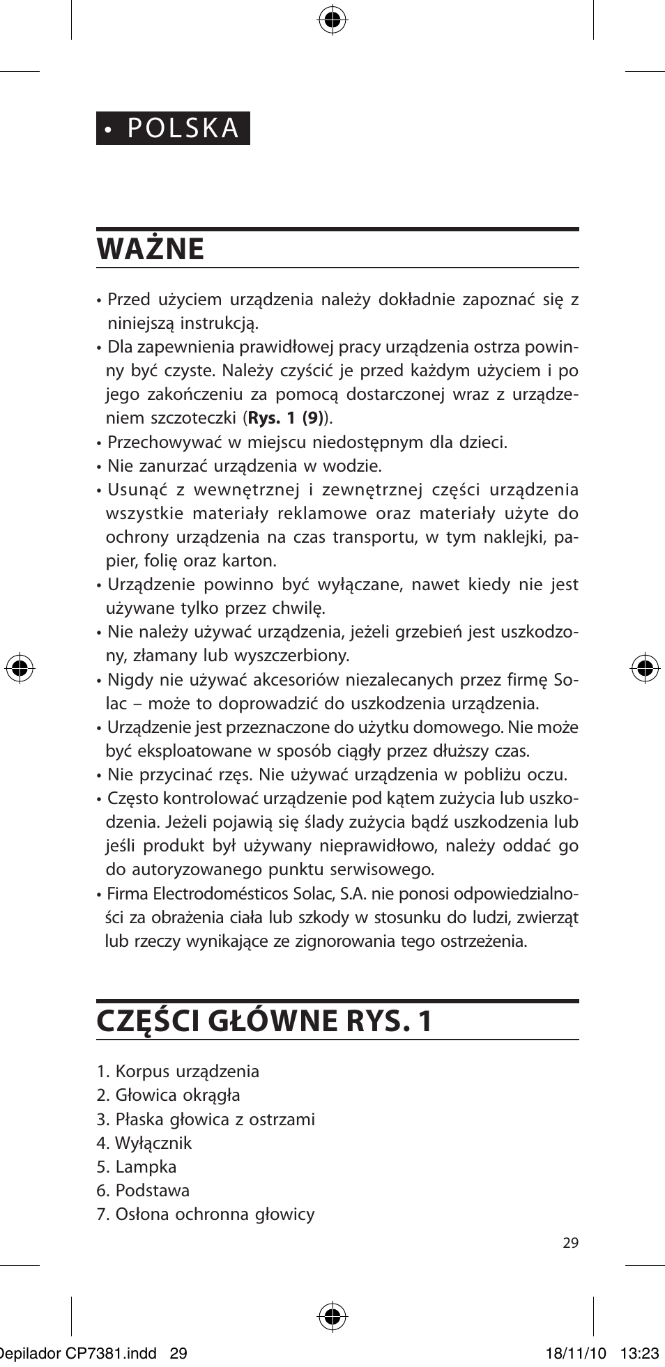 Ważne, Części główne rys. 1, Polska | SOLAC CP7381 User Manual | Page 30 / 48