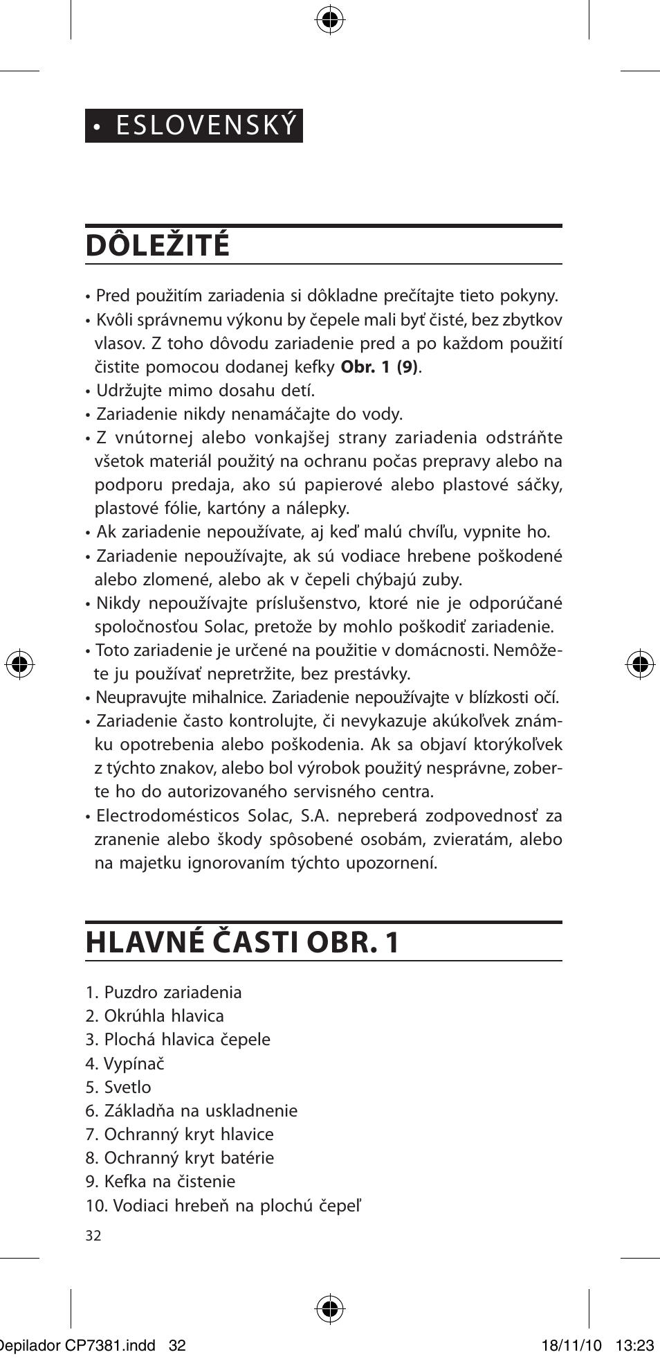 Dôležité, Hlavné časti obr. 1, Eslovenský | SOLAC CP7381 User Manual | Page 33 / 48