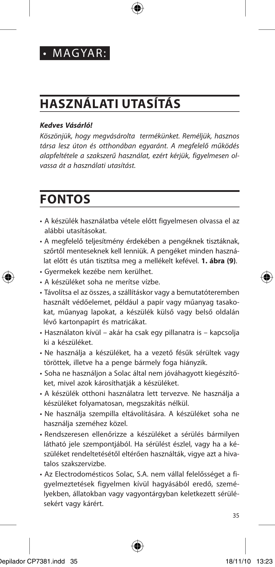 Használati utasítás, Fontos, Magyar | SOLAC CP7381 User Manual | Page 36 / 48