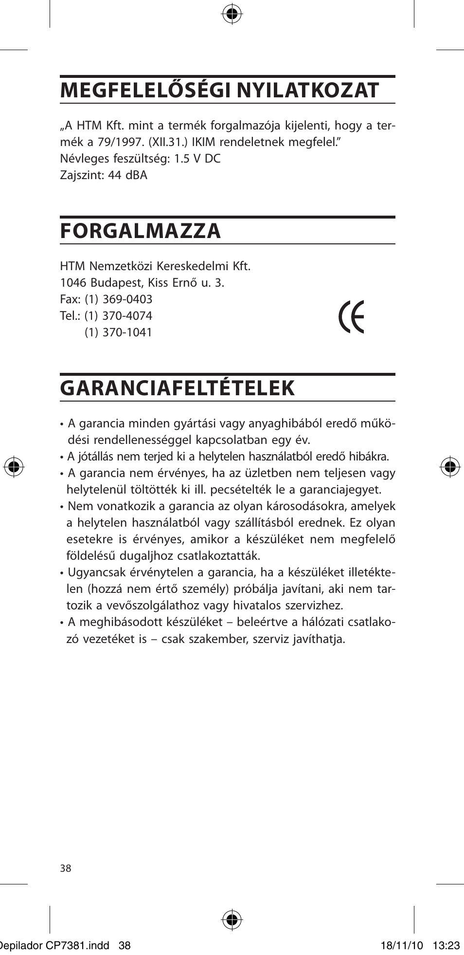 Megfelelőségi nyilatkozat, Forgalmazza, Garanciafeltételek | SOLAC CP7381 User Manual | Page 39 / 48