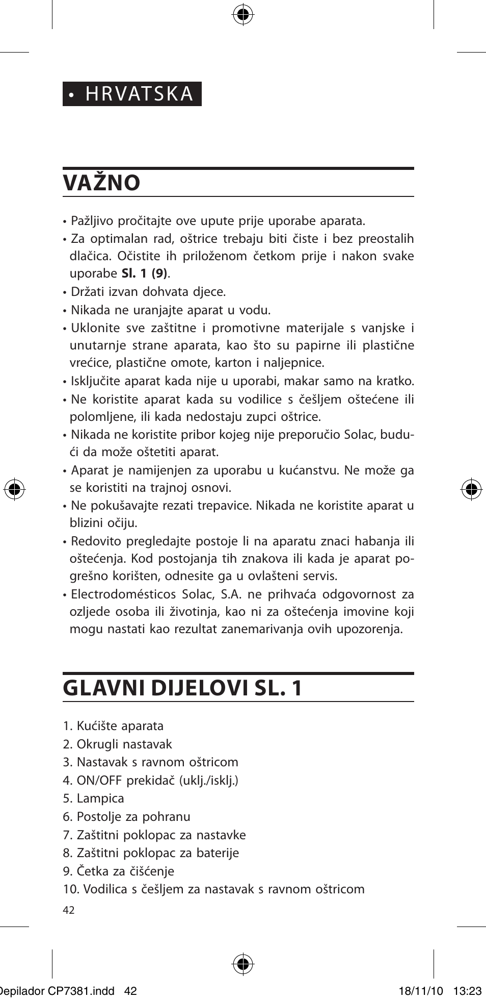 Važno, Glavni dijelovi sl. 1, Hr vatska | SOLAC CP7381 User Manual | Page 43 / 48