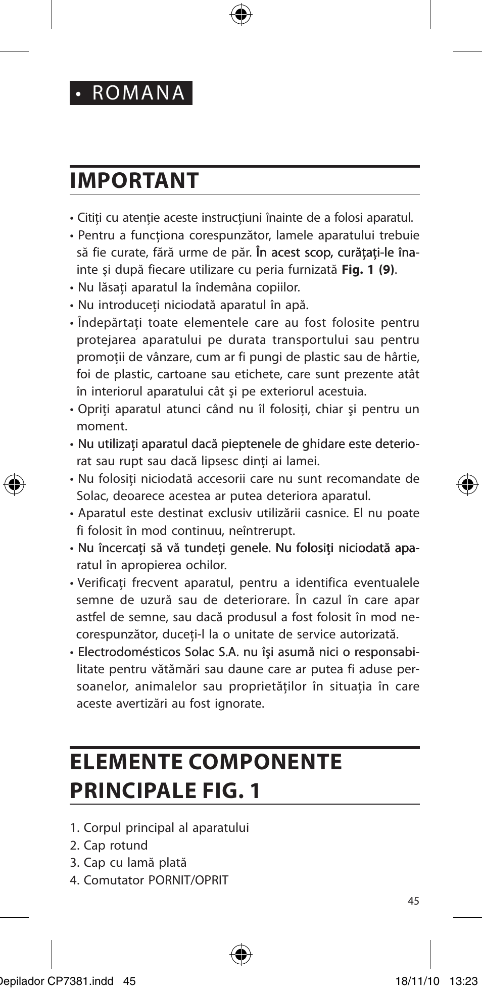 Important, Elemente componente principale fig. 1, Romana | SOLAC CP7381 User Manual | Page 46 / 48