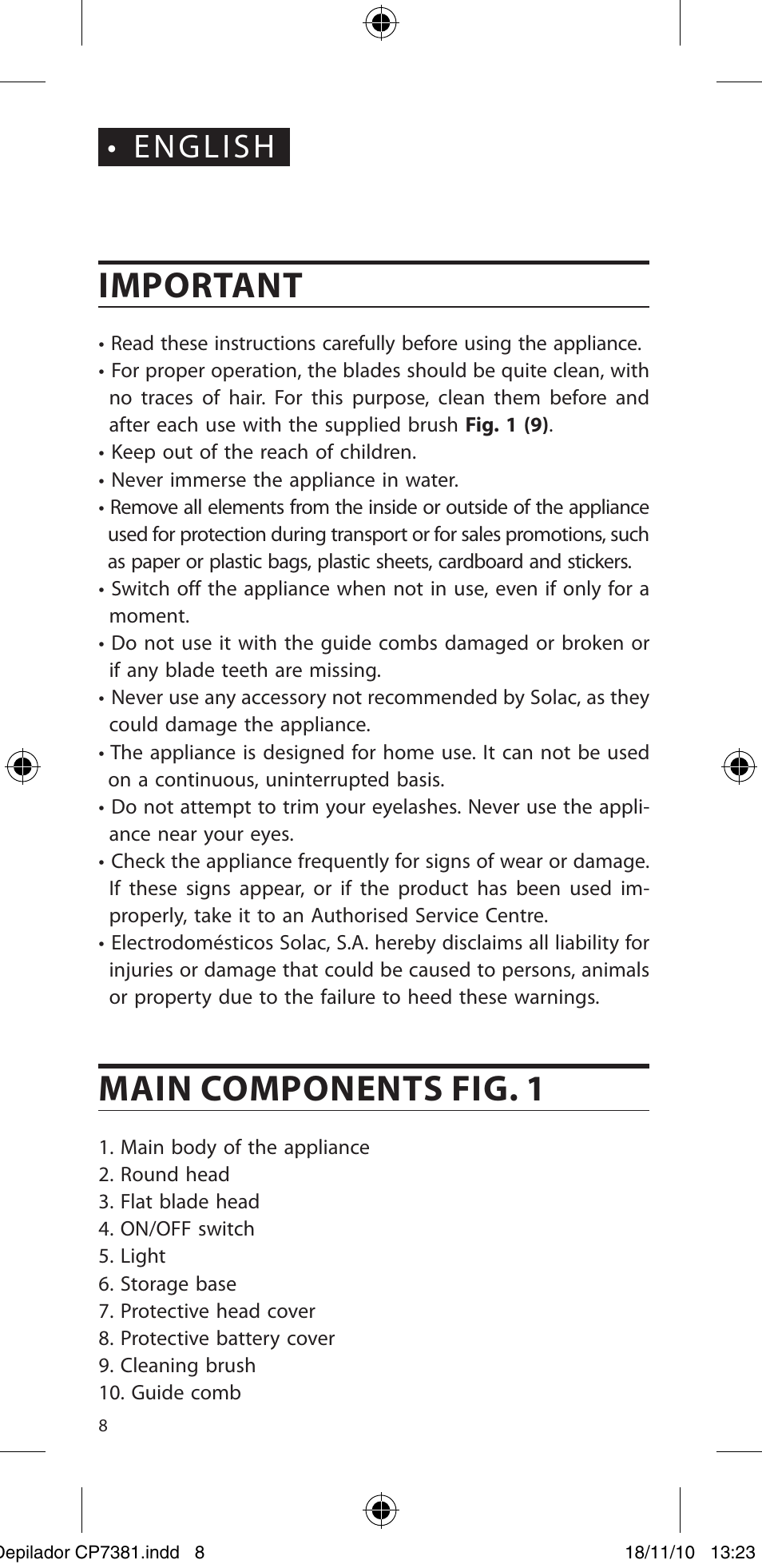 Important, Main components fig. 1, English | SOLAC CP7381 User Manual | Page 9 / 48