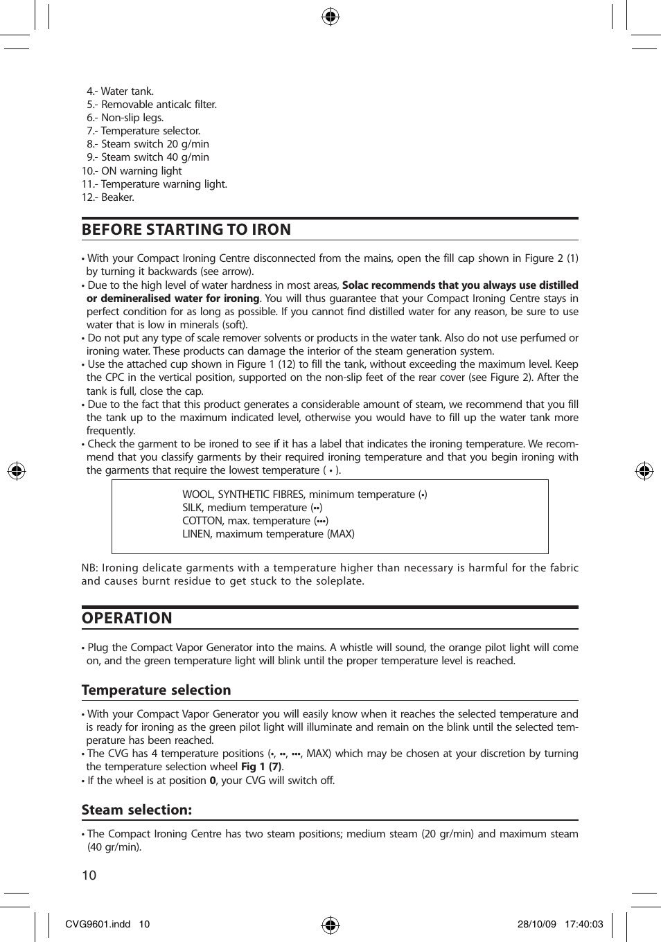 Before starting to iron, Operation, Temperature selection | Steam selection | SOLAC CVG9605 User Manual | Page 10 / 62