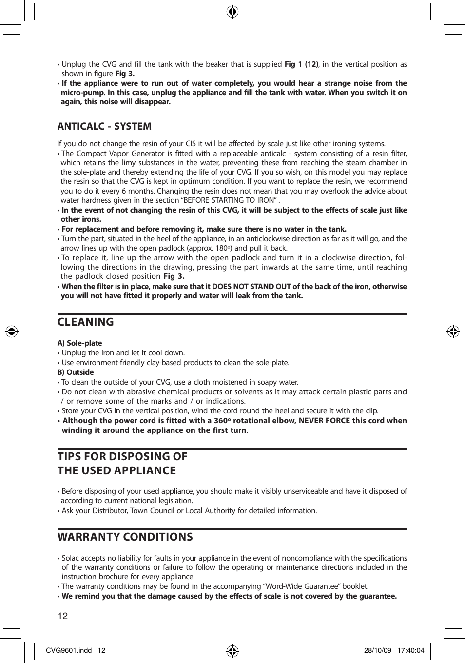 Cleaning, Tips for disposing of the used appliance, Warranty conditions | Anticalc - system | SOLAC CVG9605 User Manual | Page 12 / 62