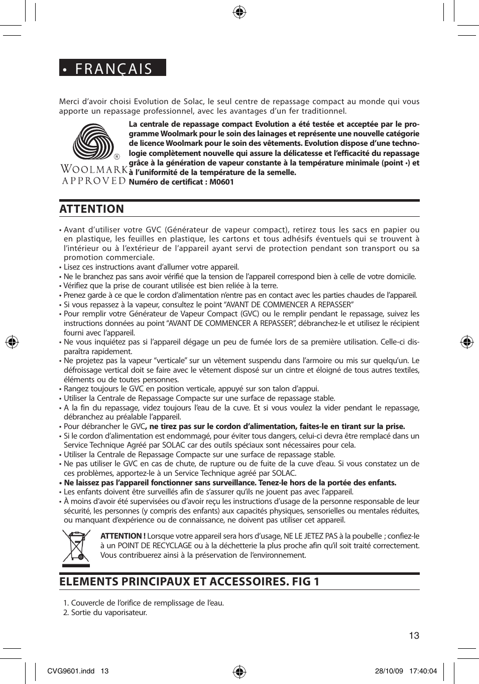 Français, Attention, Elements principaux et accessoires. fig 1 | SOLAC CVG9605 User Manual | Page 13 / 62