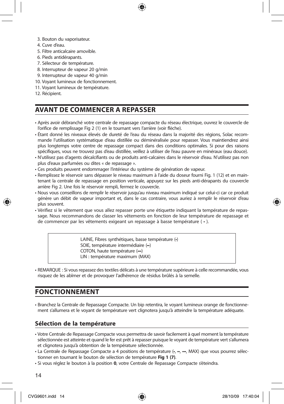 Avant de commencer a repasser, Fonctionnement, Sélection de la température | SOLAC CVG9605 User Manual | Page 14 / 62