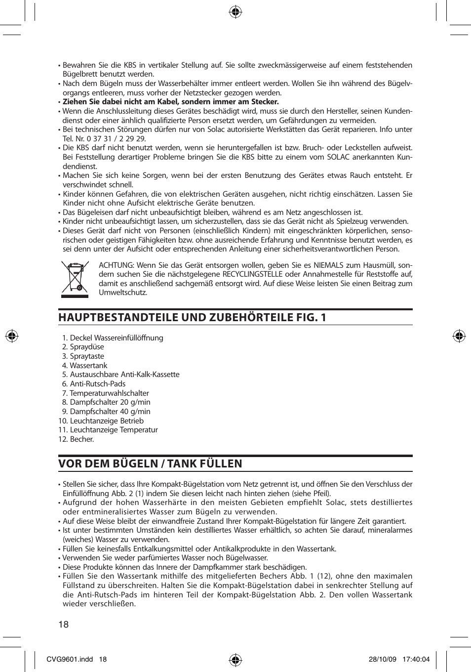Hauptbestandteile und zubehörteile fig. 1, Vor dem bügeln / tank füllen | SOLAC CVG9605 User Manual | Page 18 / 62