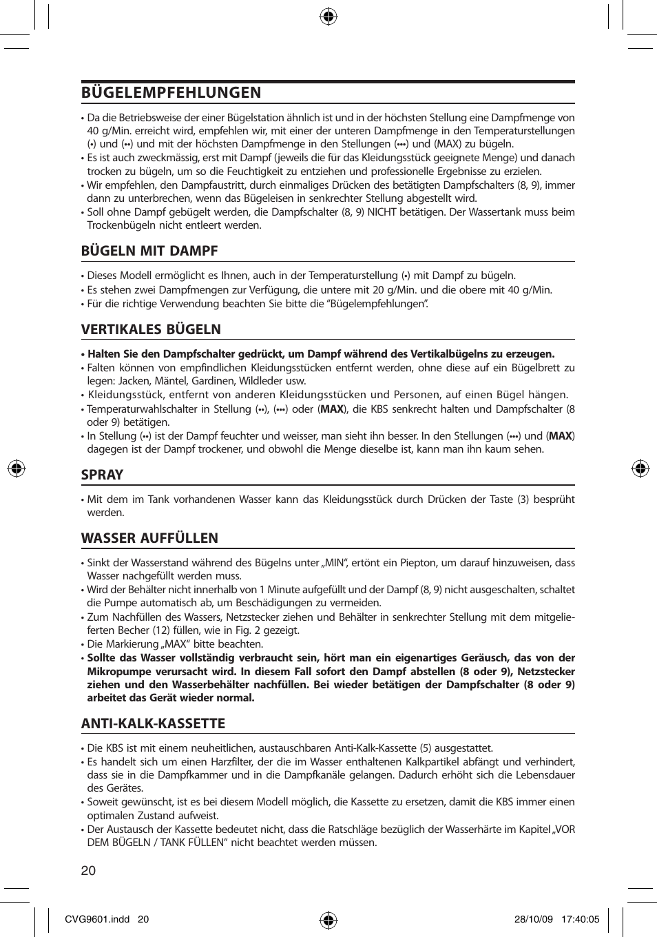 Bügelempfehlungen, Bügeln mit dampf, Vertikales bügeln | Spray, Wasser auffüllen, Anti-kalk-kassette | SOLAC CVG9605 User Manual | Page 20 / 62