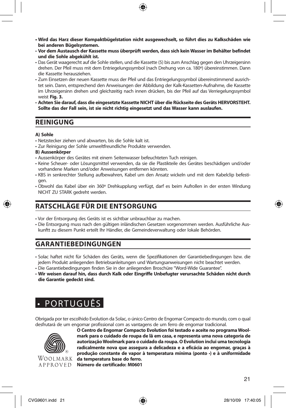 Português, Reinigung, Ratschläge für die entsorgung | Garantiebedingungen | SOLAC CVG9605 User Manual | Page 21 / 62