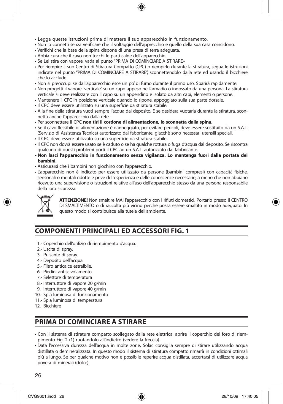 Componenti principali ed accessori fig. 1, Prima di cominciare a stirare | SOLAC CVG9605 User Manual | Page 26 / 62