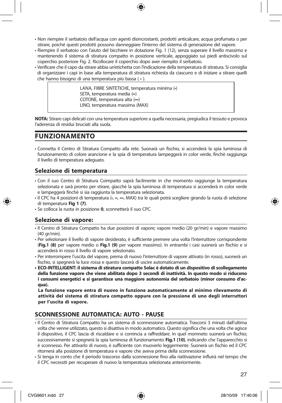 Funzionamento, Selezione di temperatura, Selezione di vapore | Sconnessione automatica: auto - pause | SOLAC CVG9605 User Manual | Page 27 / 62