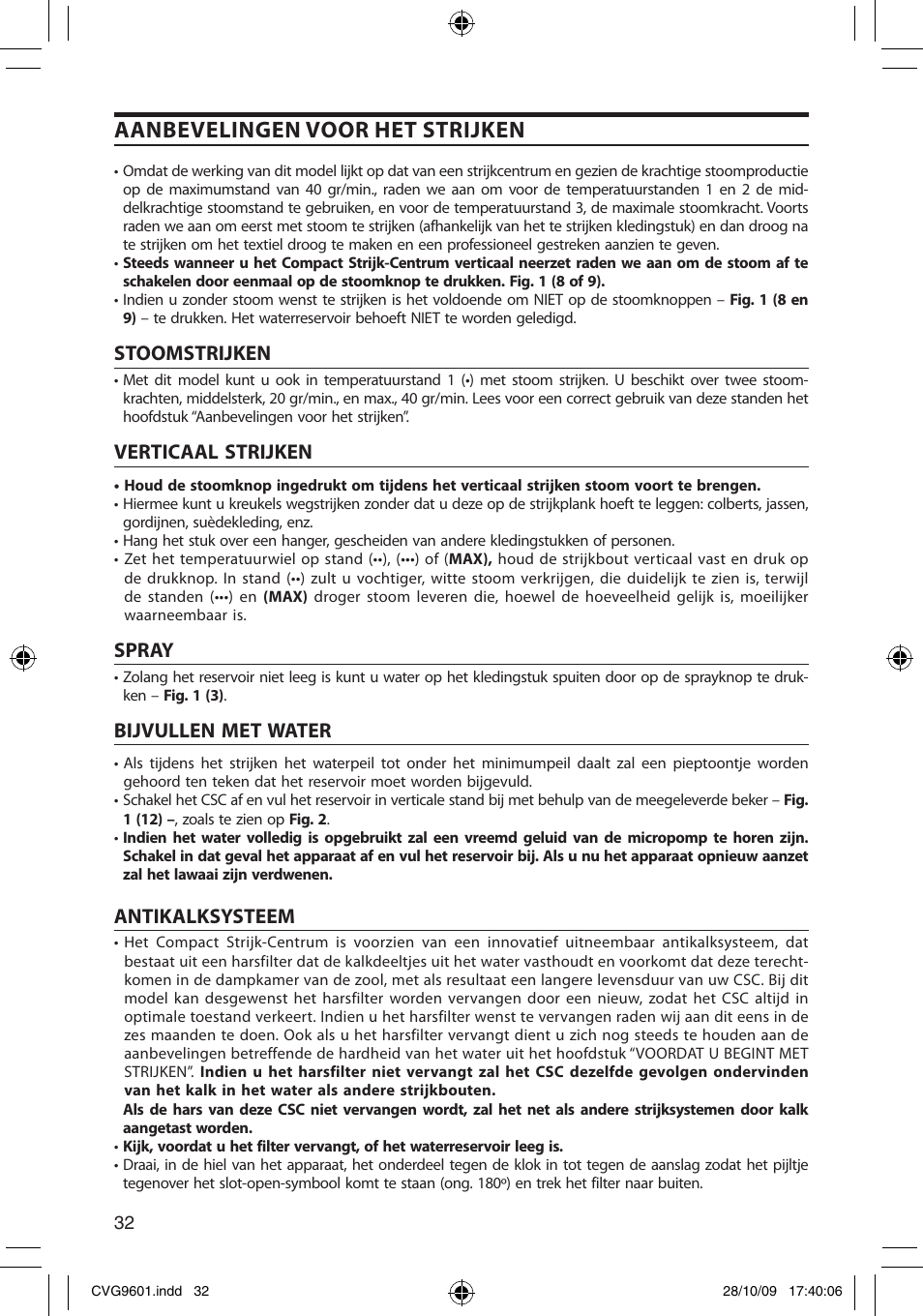 Aanbevelingen voor het strijken, Stoomstrijken, Verticaal strijken | Spray, Bijvullen met water, Antikalksysteem | SOLAC CVG9605 User Manual | Page 32 / 62