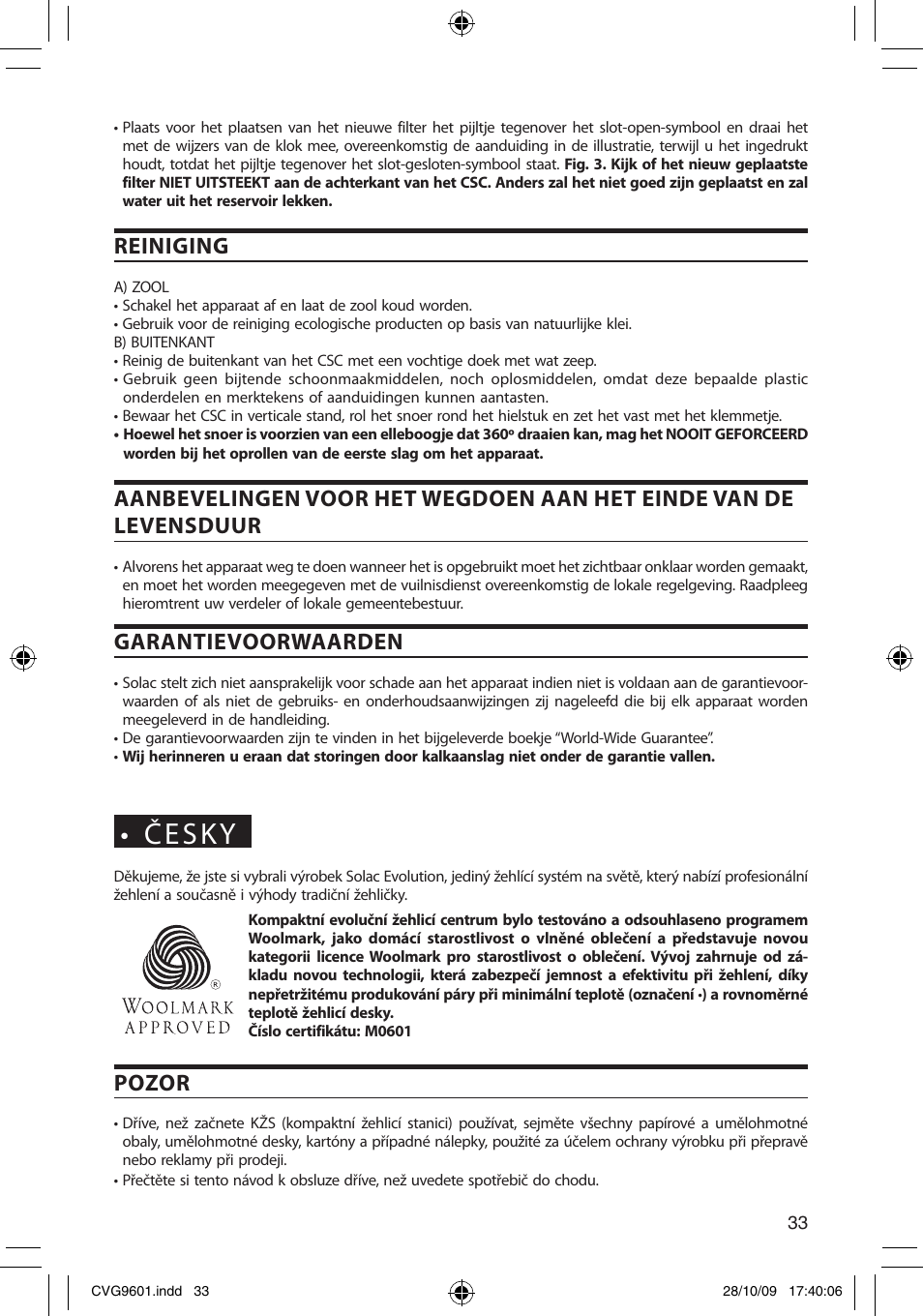 Česky, Reiniging, Garantievoorwaarden | Pozor | SOLAC CVG9605 User Manual | Page 33 / 62