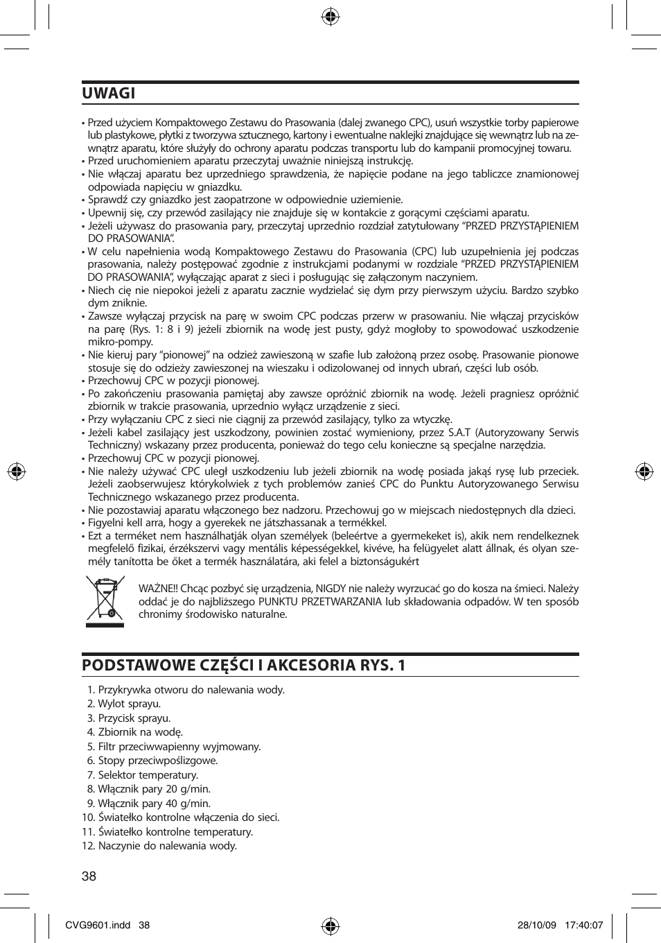 Uwagi, Podstawowe części i akcesoria rys. 1 | SOLAC CVG9605 User Manual | Page 38 / 62