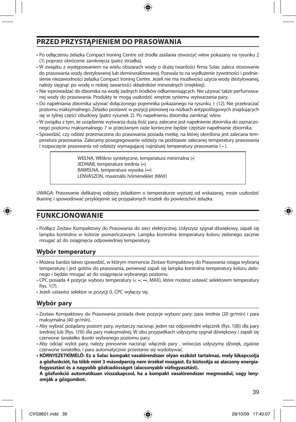 Przed przystąpieniem do prasowania, Funkcjonowanie, Wybór temperatury | Wybór pary | SOLAC CVG9605 User Manual | Page 39 / 62