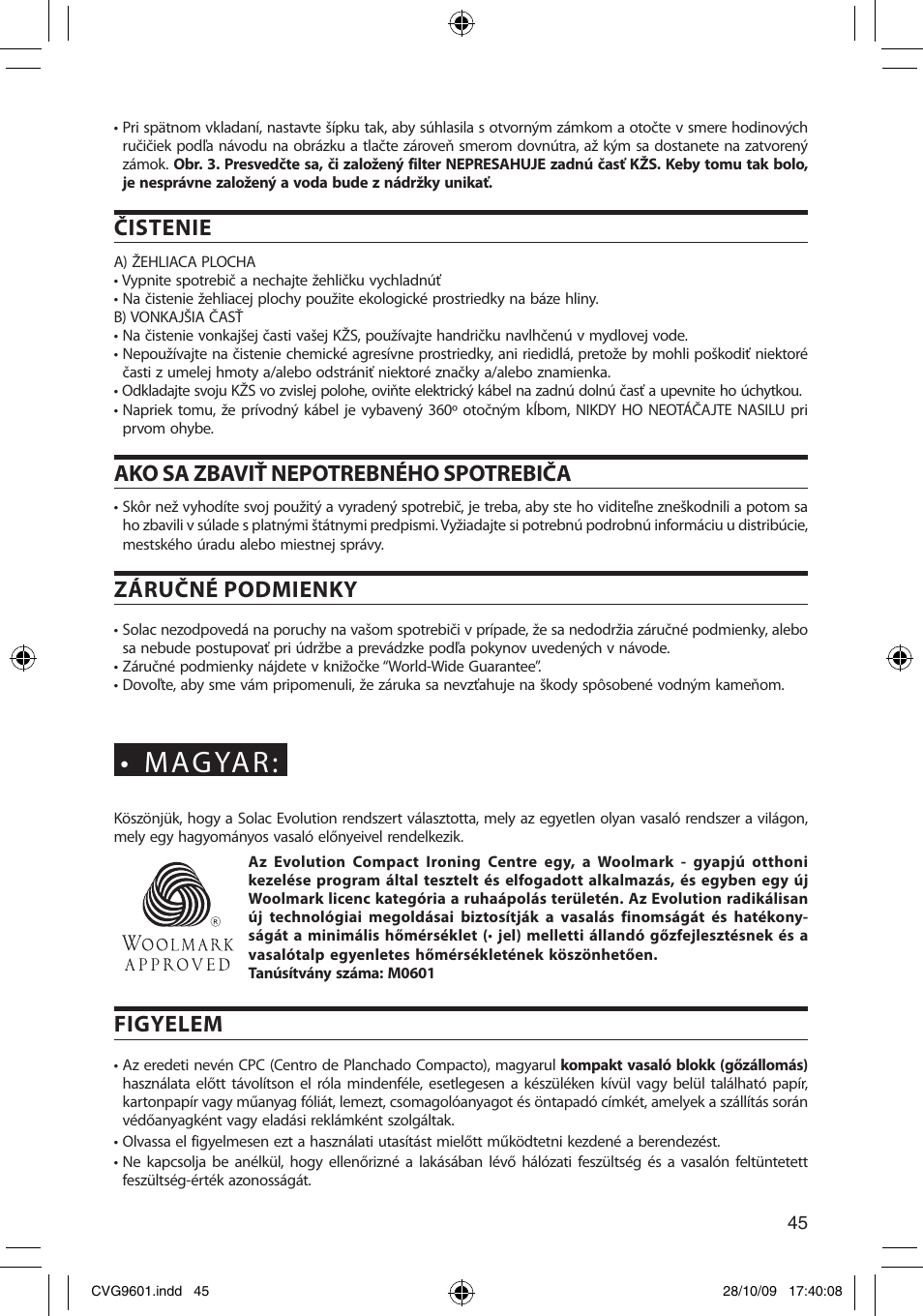 Magyar, Čistenie, Ako sa zbaviť nepotrebného spotrebiča | Záručné podmienky, Figyelem | SOLAC CVG9605 User Manual | Page 45 / 62