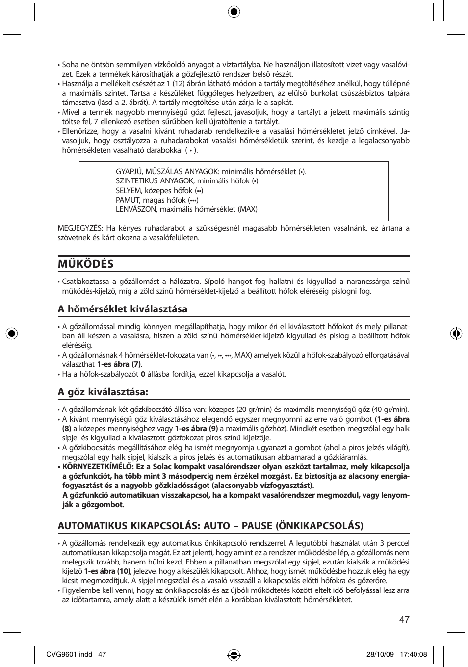 Működés, A hőmérséklet kiválasztása, A gőz kiválasztása | SOLAC CVG9605 User Manual | Page 47 / 62