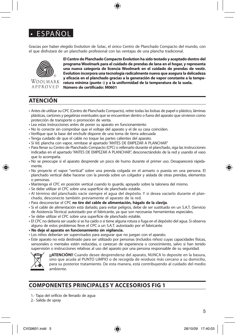 Español, Atención, Componentes principales y accesorios fig 1 | SOLAC CVG9605 User Manual | Page 5 / 62