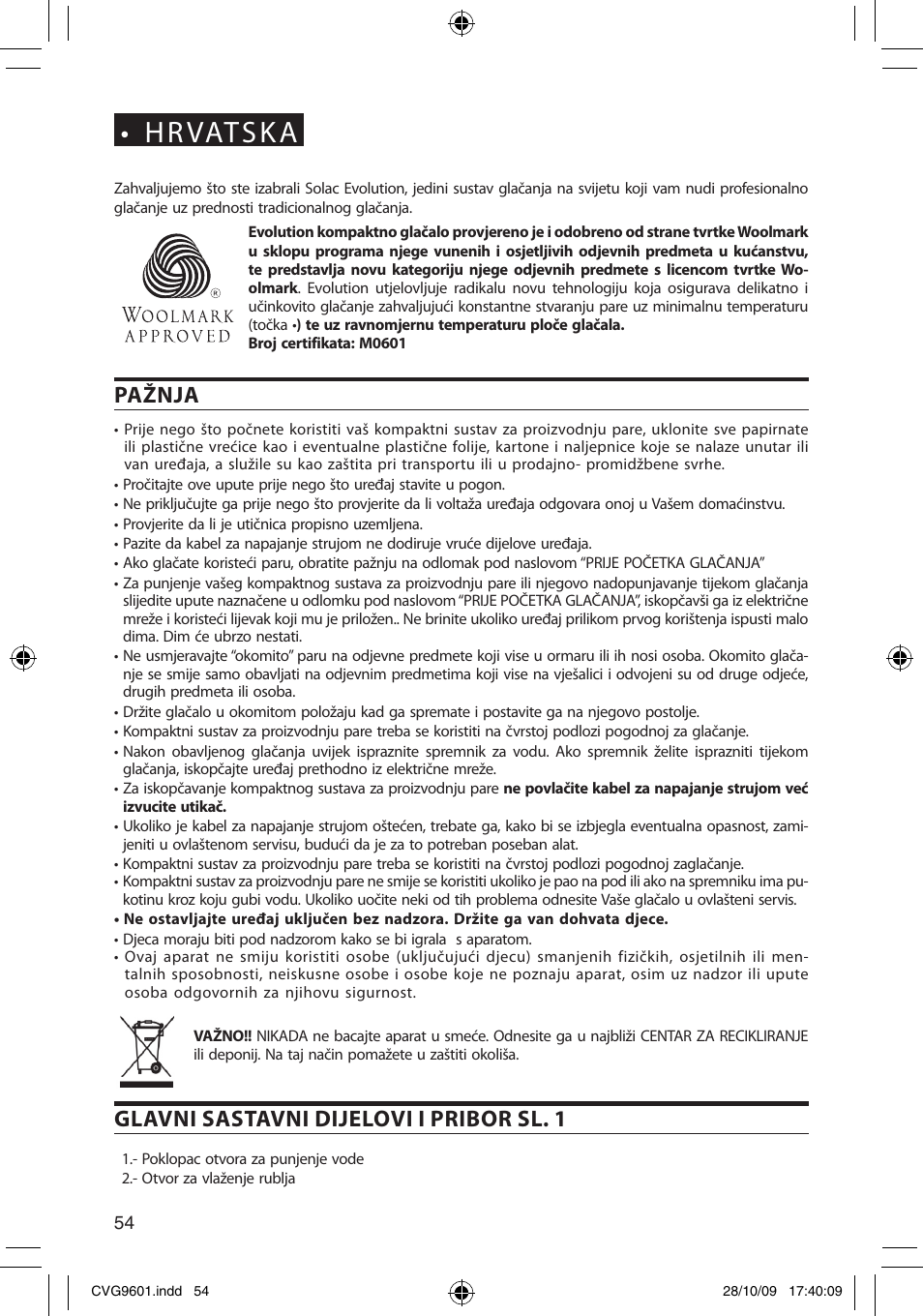 Hrvatska, Pažnja, Glavni sastavni dijelovi i pribor sl. 1 | SOLAC CVG9605 User Manual | Page 54 / 62