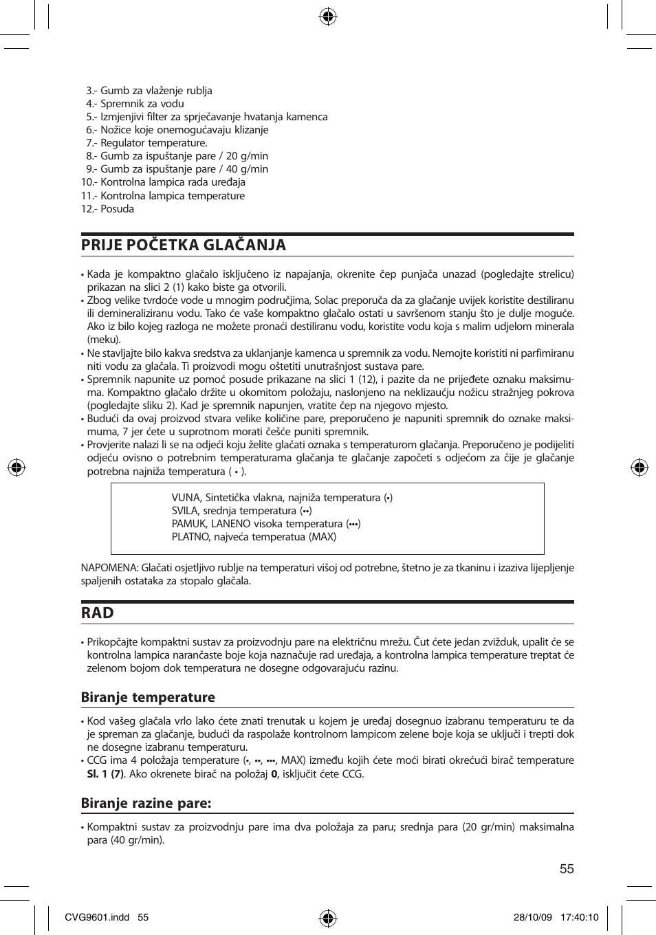 Prije početka glačanja, Biranje temperature, Biranje razine pare | SOLAC CVG9605 User Manual | Page 55 / 62