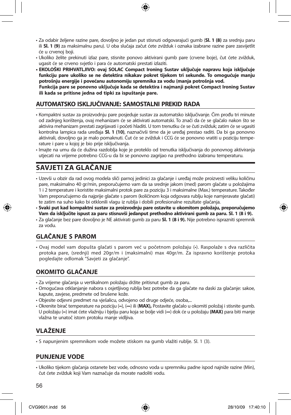 Savjeti za glačanje, Automatsko isključivanje: samostalni prekid rada, Glačanje s parom | Okomito glačanje, Vlaženje, Punjenje vode | SOLAC CVG9605 User Manual | Page 56 / 62