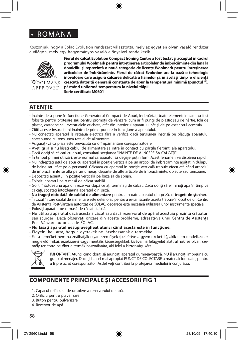 Romana, Atenţie, Componente principale şi accesorii fig 1 | SOLAC CVG9605 User Manual | Page 58 / 62