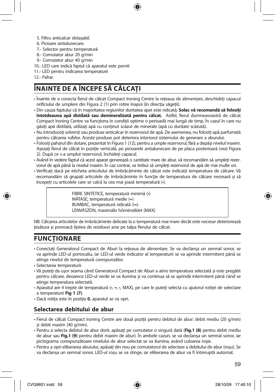 Înainte de a începe să călcaţi, Funcţionare, Selectarea debitului de abur | SOLAC CVG9605 User Manual | Page 59 / 62