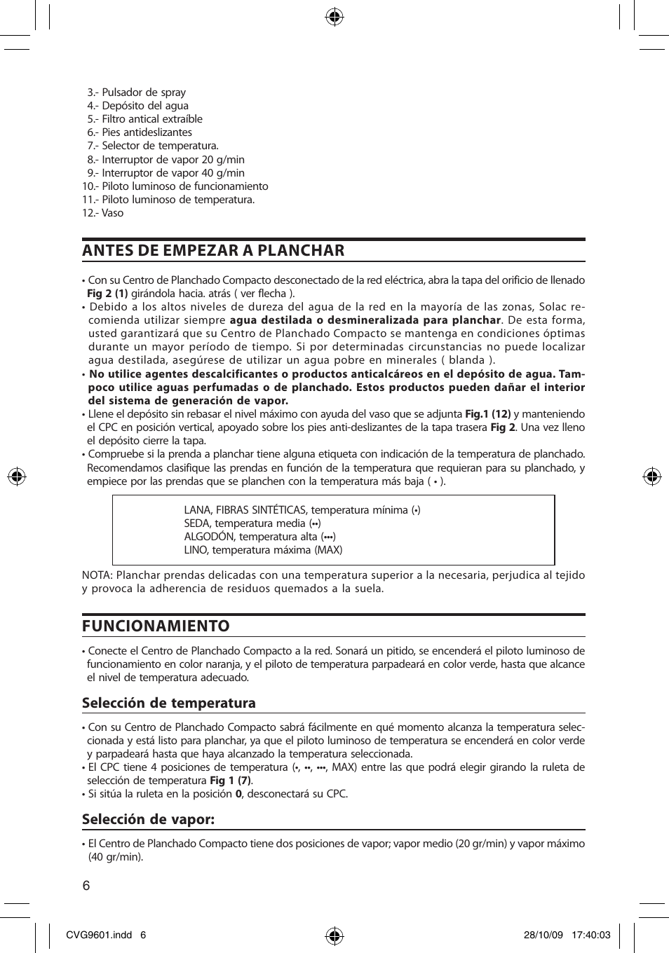 Antes de empezar a planchar, Funcionamiento, Selección de temperatura | Selección de vapor | SOLAC CVG9605 User Manual | Page 6 / 62